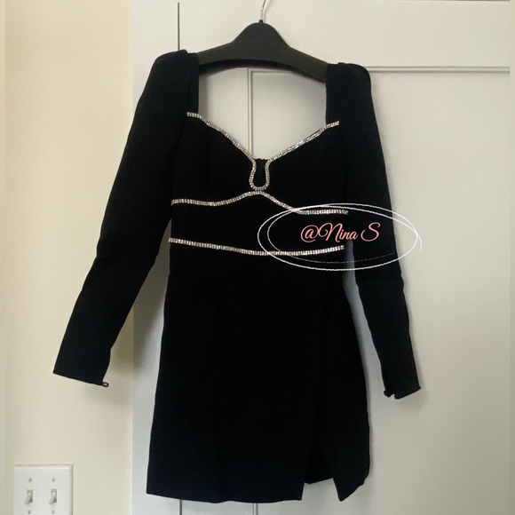 Self Portrait Black Crepe Rhinestone Detail Mini Dress/NEW - Picture 3 of 5